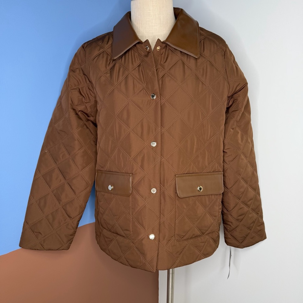 Marc New York Brown Quilted Barn Jacket‎ with Faux Leather Collar NWT Medium